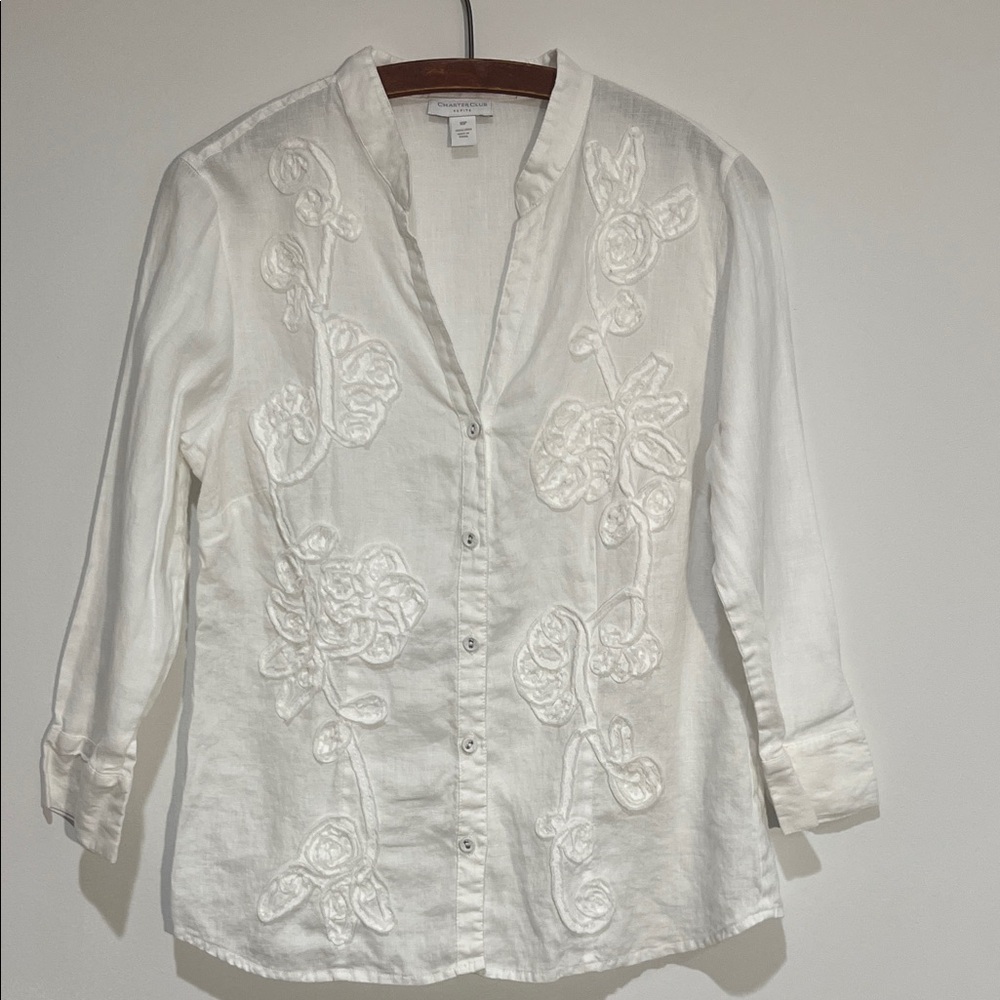 Charter Club White Floral Button Down Shirt 100% LINEN